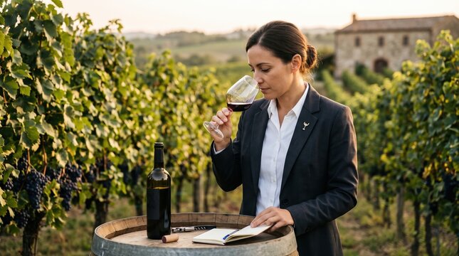 Professional Sommelier Tasting Red Wine in Vineyard