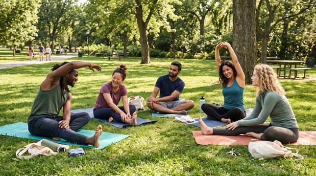 Diverse friends enjoy yoga session in green park