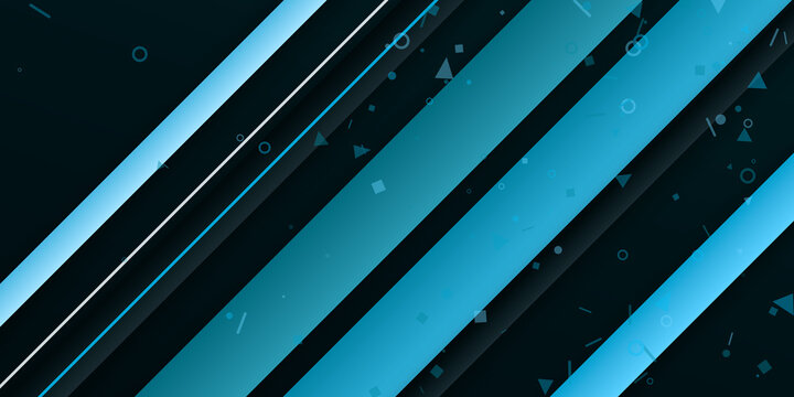 Abstract blue diagonal stripe background with geometric particles. Sleek layered lines blend with glowing cyan shapes. Modern digital graphic layout.