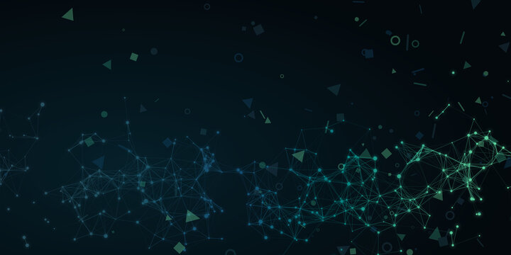 Abstract plexus digital network background. Glowing cyan and teal geometric particles connect on a dark surface. Modern futuristic tech design.