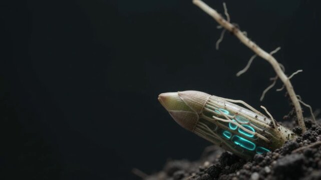 Macro shot of plant root tip in dark soil with glowing microscopic blue water pulse, negative space copy space for agritech science background