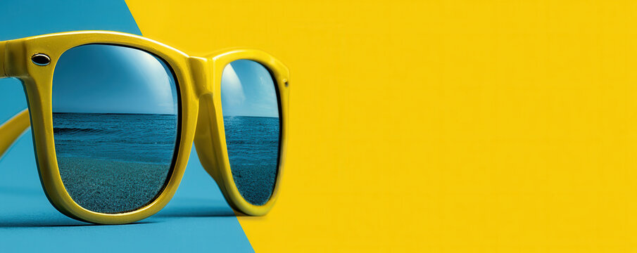 Yellow sunglasses with blue ocean reflection on bright summer background, creating bold contrast between tropical color and coastal scenery
