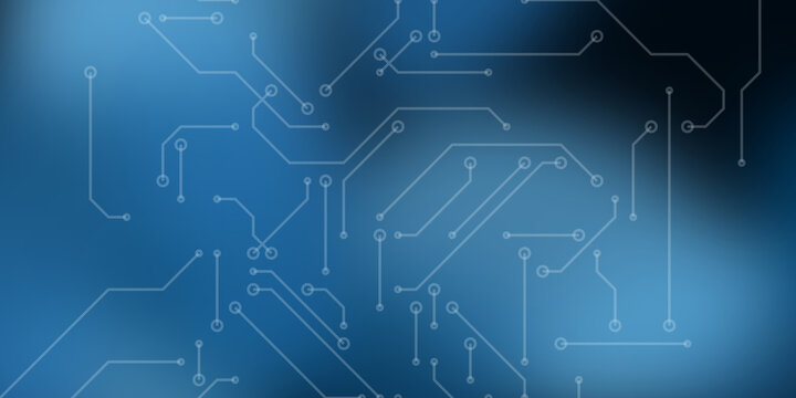 Abstract circuit board digital pattern design. Glowing lines and connection points lie on a smooth blue gradient. High tech graphic illustration backdrop.