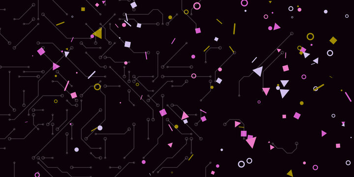 Abstract digital circuit board background pattern. Geometric shapes and microchip connection tracks scatter across a dark field.