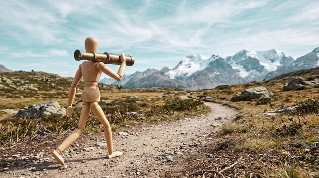 Person running with rifle in mountainous wilderness landscape