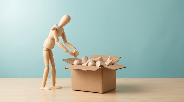 Wooden figure unpacking box with spherical objects