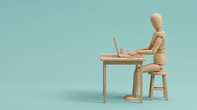 Wooden mannequin working on laptop at small desk