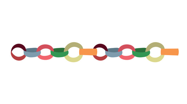 Colorful paper chain garland made of interlinked decorative rings in festive holiday colors. Simple playful Christmas decoration for party backgrounds, 