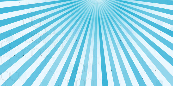 Cyan sunburst comic radial ray background. Bright blue beams radiate with subtle hexagonal pattern. Digital retro graphic design.