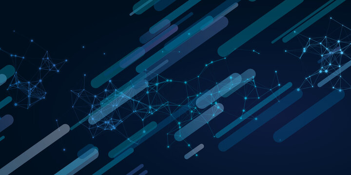 Abstract technology network background banner. Futuristic digital lines with geometric diagonal stripes and dots. Modern cyber connectivity graphic backdrop.