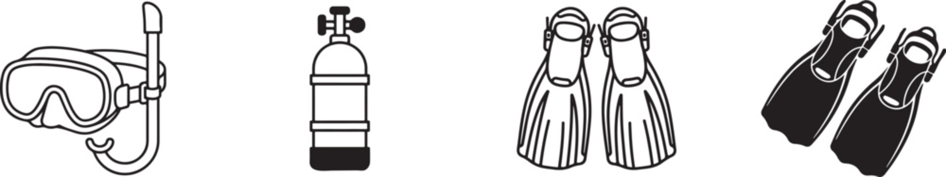 Scuba diving icon in black outline style for underwater exploration, ocean adventures, and water sports.