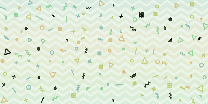 Abstract geometric pattern with zigzag stripes. Colorful pastel shapes confetti scatters over chevron waves. Modern retro graphic texture backdrop.