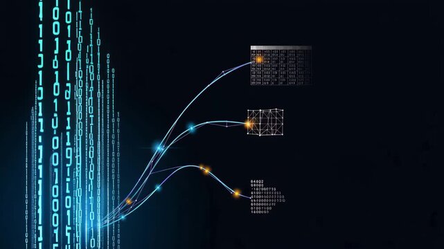 Neural data transfer network with binary code nodes glowing on dark space background