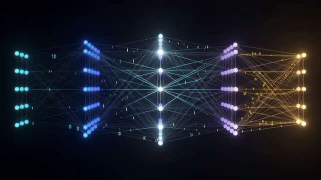 Neural network data transfer animation with glowing nodes and connections