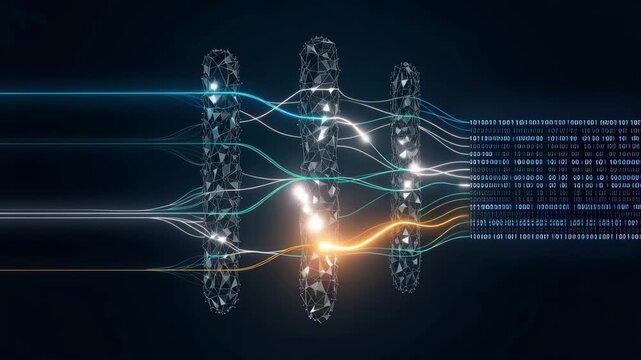 Neural data transfer network with glowing nodes and binary code connections