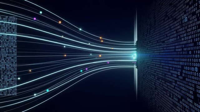 Digital data streams connecting binary networks with glowing particles