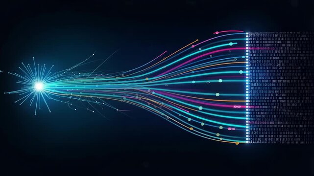 Digital data streams radiating from bright light source on futuristic binary code background