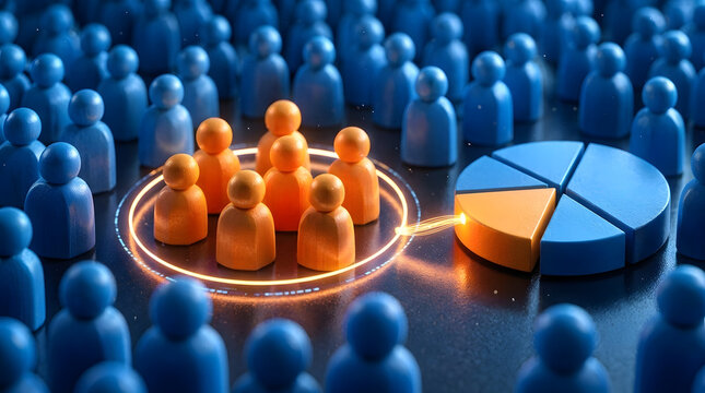 3D Conceptual Illustration of Target Audience Segmentation with a Glowing Spotlight Highlighting a Group of Orange Figures Connected to a Corresponding Pie Chart Slice for Data Analysis