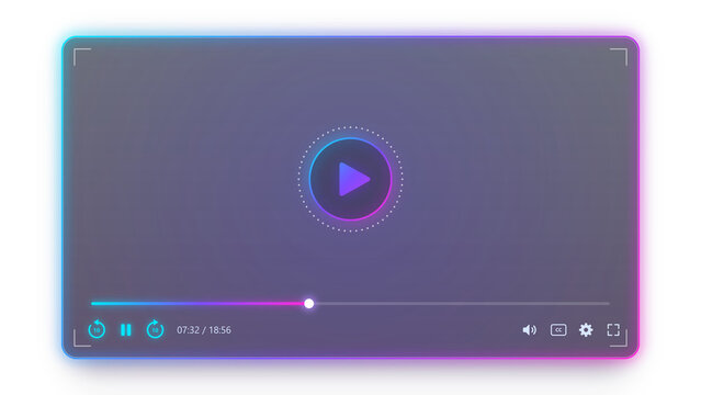 Neon glowing video player interface with cyan and magenta gradient frame isolated on transparent background