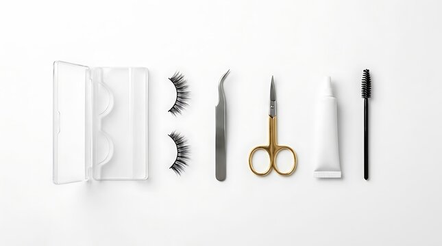 Set of false eyelashes with tweezers scissors glue and a small brush for professional makeup beauty. step-by-step lash application