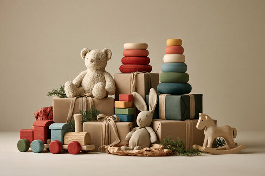 A charming collection of vintage inspired childrens toys and wrapped presents arranged neatly against a plain background creating a nostalgic and festive atmosphere for the holidays