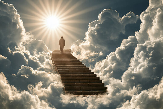 A man in a robe walks up a staircase made of stone ascending into a bright ethereal sky filled with fluffy clouds and a powerful radiant sun glowing at the top of the path