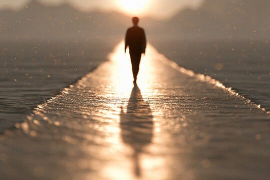 A silhouette of a man walks away along a narrow glowing path across a vast shimmering body of water toward a brilliant golden sun rising over distant hazy mountain peaks at dawn