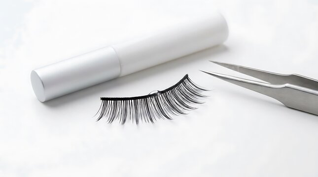 Black false eyelashes with metal tweezers for beauty makeup application on a clean table surface set.. step-by-step lash application