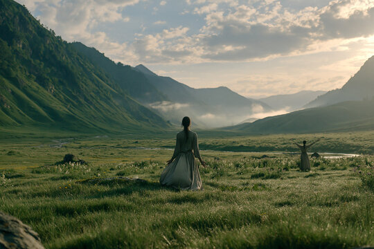 Two figures in flowing dresses stand in a vast misty mountain valley at dawn their arms outstretched as if embracing the serene golden light bathing the lush dew covered meadow landscape