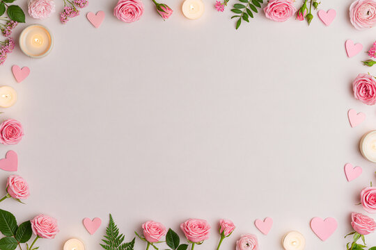 An overhead view of a light colored surface framed by delicate pink roses small green fern leaves scattered pink paper heart cutouts and glowing tea light candles creating a romantic border