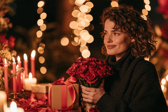A woman with curly hair smiles warmly while holding a bouquet of red roses next to a wrapped gift on a table decorated with flickering candles and petals set against a soft glowing background