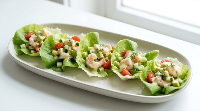 Fresh shrimp lettuce wraps with creamy sauce served on a long oval plate for a healthy meal appetizer. shrimp salad ideas