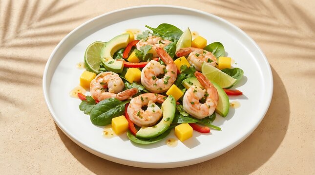 Fresh salad with shrimp avocado and mango pieces served on a plate for a healthy summer meal lunch. shrimp salad ideas