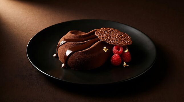 Delicious chocolate mousse cake with fresh raspberries and gold flakes on a dark round plate. luxury shadow cuisine