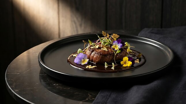 Gourmet beef steak meal served on a modern black plate with fresh edible flowers and green herbs side. luxury shadow cuisine