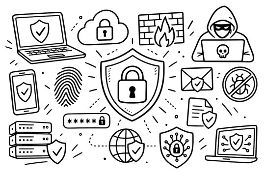 Cybersecurity Doodle Icons Set with Shield Lock Hacker Fingerprint Firewall and Data Protection Line Art