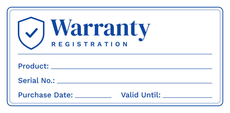 Blue warranty registration card template with product, serial number and validity date fields isolated on transparent background