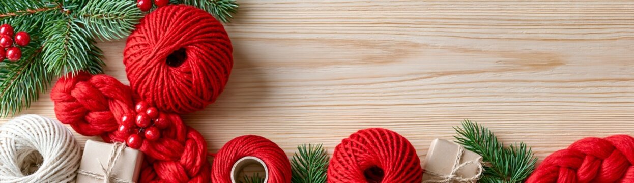 Christmas Craft Supplies: Festive red yarn, pine branches, and red berries are artfully arranged on a light wooden background, suggesting a cozy holiday crafting session.