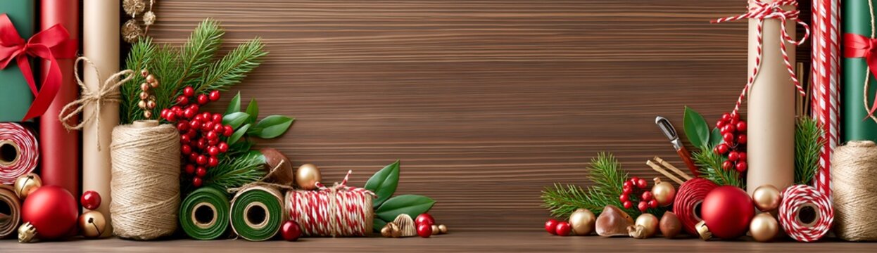Christmas Gift Wrapping Supplies: A festive arrangement of Christmas gift wrapping essentials, including rolls of patterned paper, ribbons, twine, pine sprigs, and holly berries.