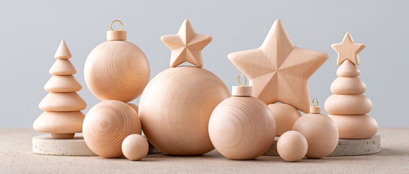 Festive Celebration Ornaments: A charming collection of wooden Christmas tree ornaments, including stylized trees, stars, and spheres, arranged to evoke a sense of holiday cheer and warmth.