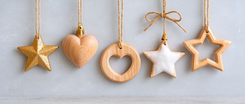 Festive Wooden Ornaments: A collection of charming wooden Christmas ornaments, including stars, a heart, and a ring, are suspended by twine, evoking a rustic and natural holiday spirit.
