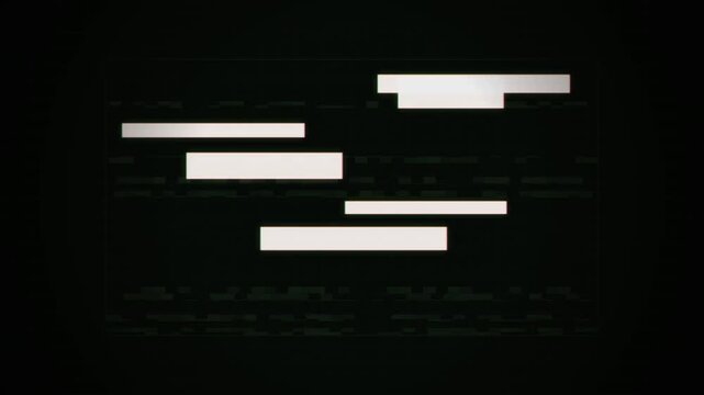Abstract glitchy digital background with horizontal white pixel distortion blocks on black screen, representing video signal corruption and system error for retro technology banners, motion graphics
