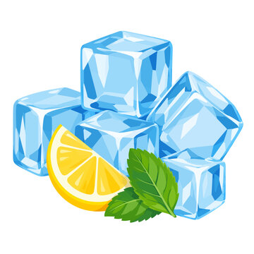 Refreshing Blue Ice Cubes With Yellow Lemon Slice and Green Mint Leaves Flat Vector Illustration Isolated on White Background