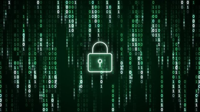Digital security concept with glowing padlock symbol and cascading binary code on dark green background