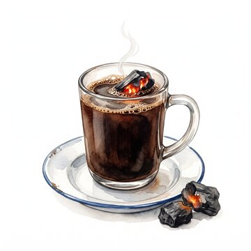 Watercolor kopi joss black coffee with a glowing charcoal ember