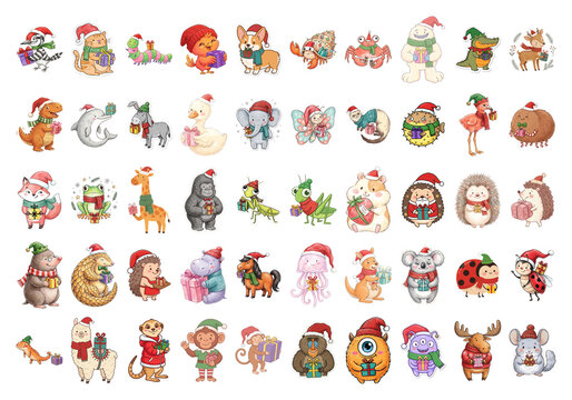 Colorful cartoon animals wearing festive holiday hats and accessories transparent background