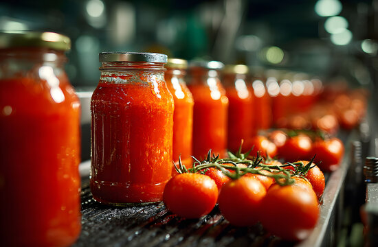 Row of glass jars filled with vibrant tomato sauce on production line. Fresh tomatoes placed nearby, canning process during busy harvest season. Highlights food processing, quality preservation,