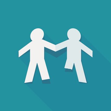 Flat design illustration of paper cut men holding hands with an amputee person, symbolizing disability inclusion, friendship, solidarity, and care