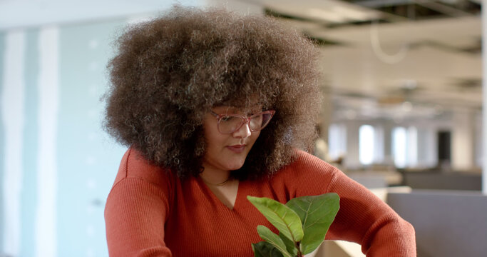 Casual businesswoman carrying plant in box moving into office
