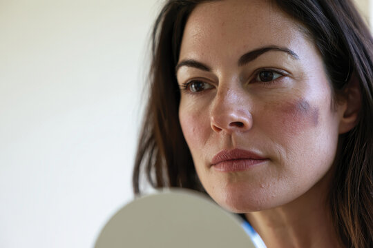 A woman observes her reflection in a mirror, showcasing a battered appearance which conveys themes of resilience, pain, and self-reflection, capturing a moment of vulnerability.